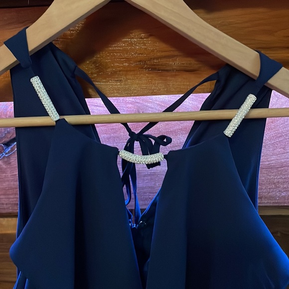 Navy blue dress with silver rhinestone accents on the neck line, size 8 - Picture 2 of 5
